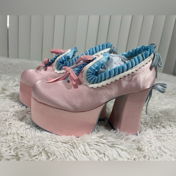 💔SOLD💔 SUGAR THRILLZ Bisou Baby Ruffle Bow Satin Platform Heels  Loafers Pink 6 - Picture 4 of 9